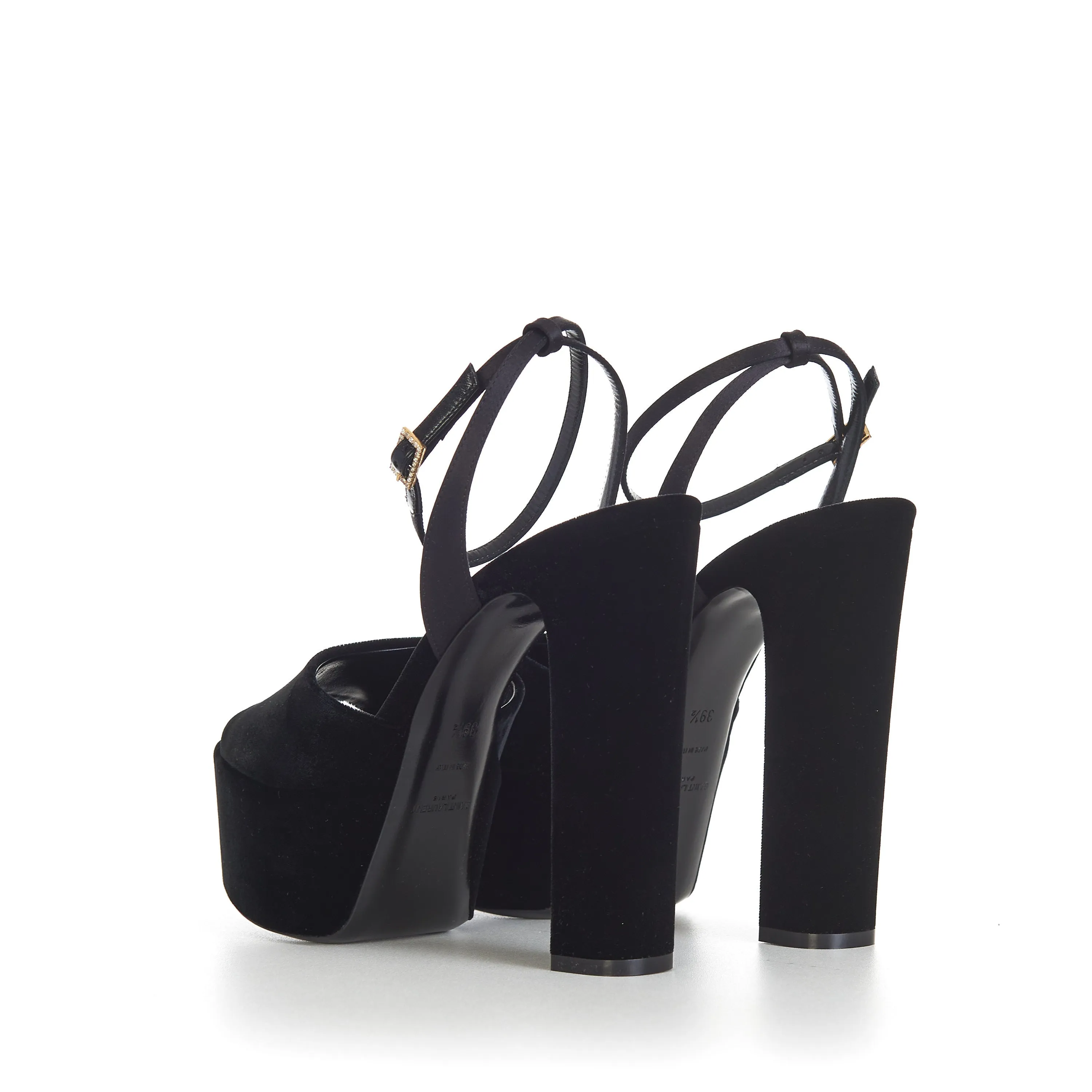 JODIE Black Platform Sandals - Velvet, Peep-Toe, Strass Buckle