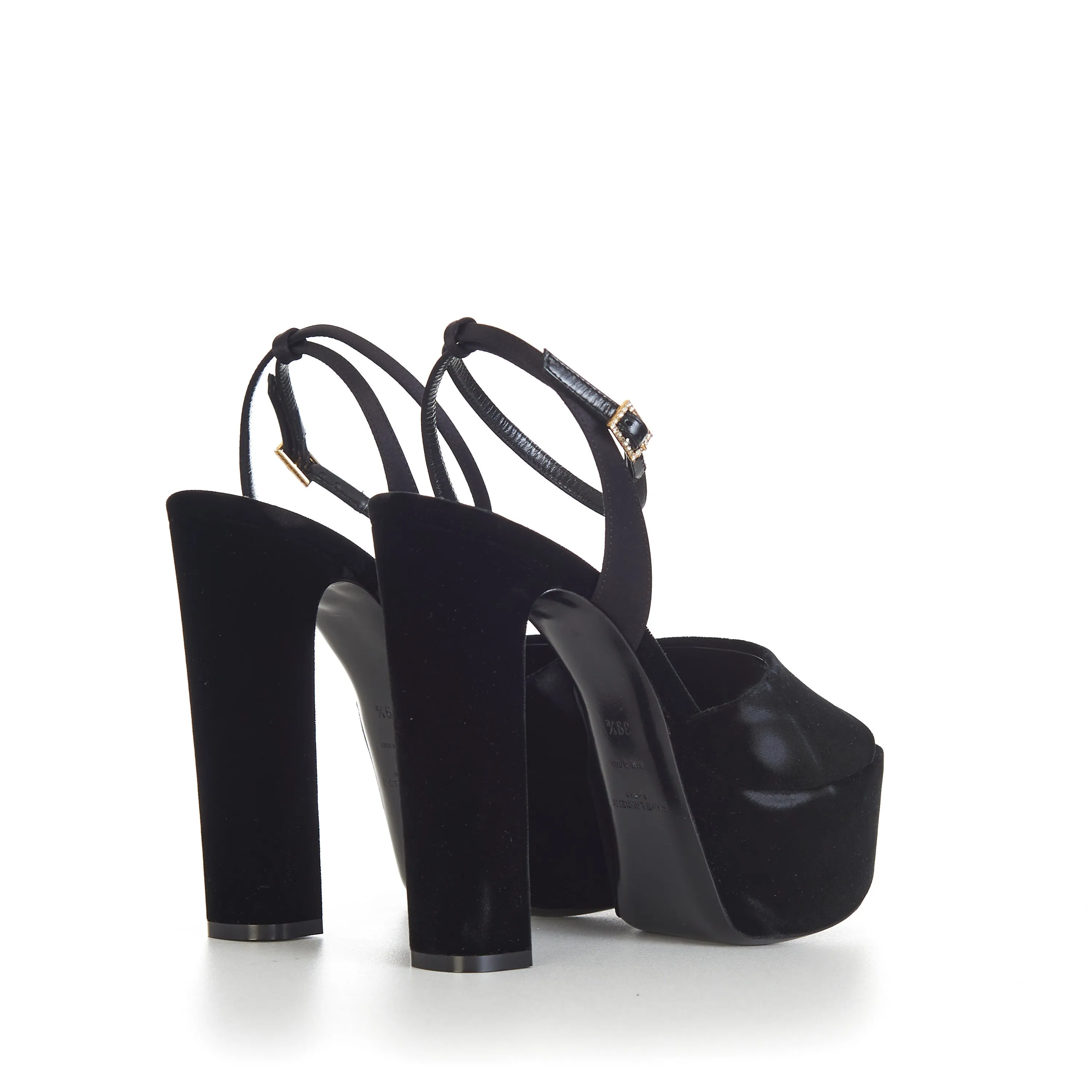 JODIE Black Platform Sandals - Velvet, Peep-Toe, Strass Buckle