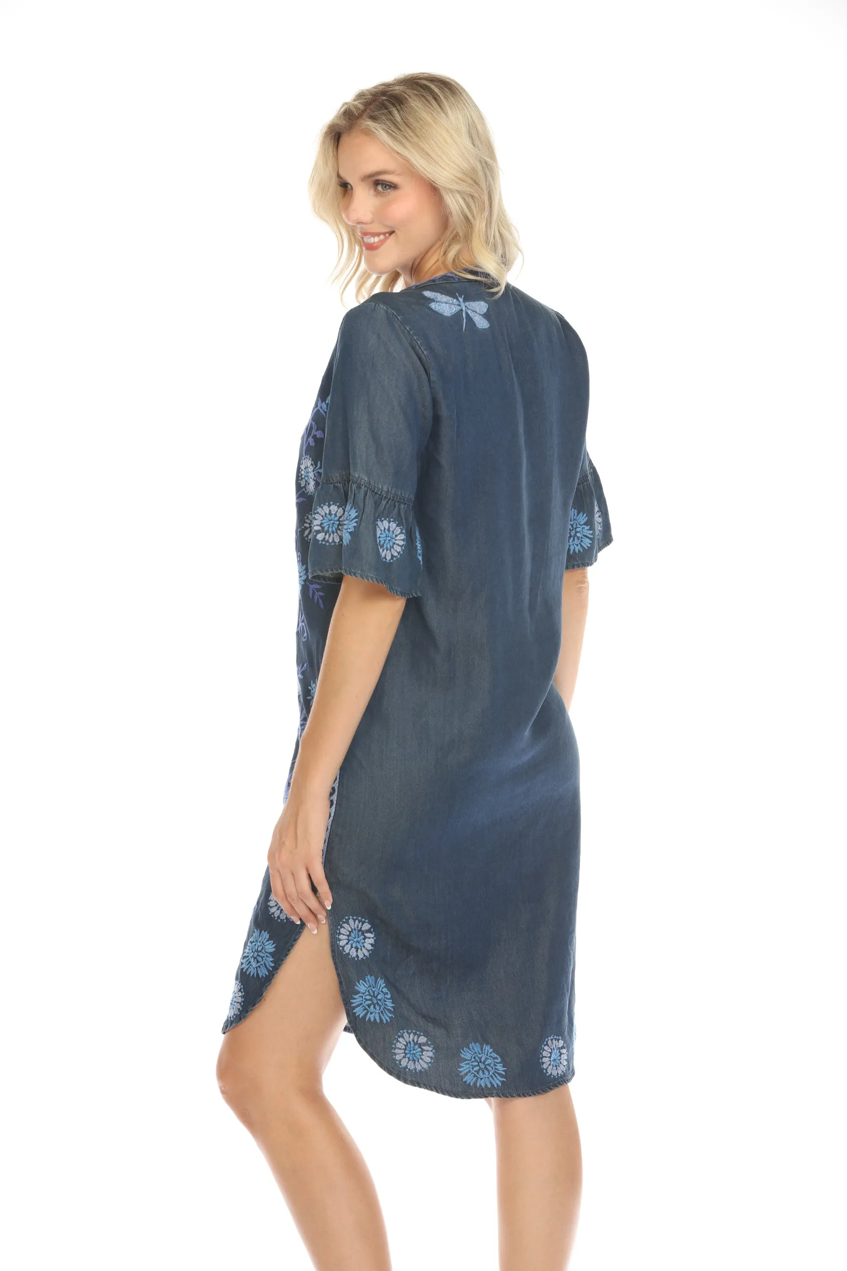 Johnny Was Workshop Denim Blue Tarra Ruffle Sleeve Shirt Dress Boho Chic W35424