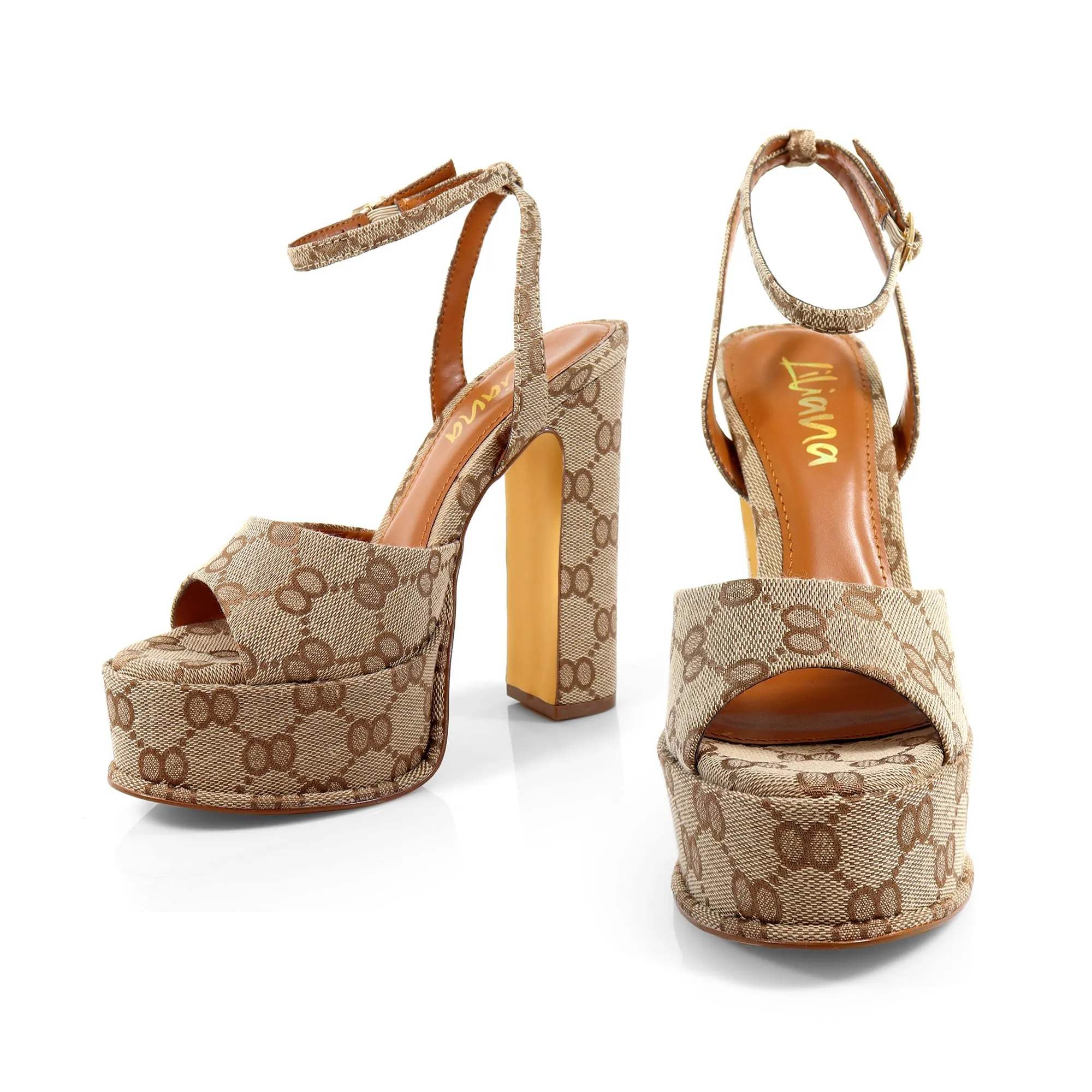 JOSY-6 Mono Taupe Print Platform Heel - Ankle Strap with Adjustable Buckle