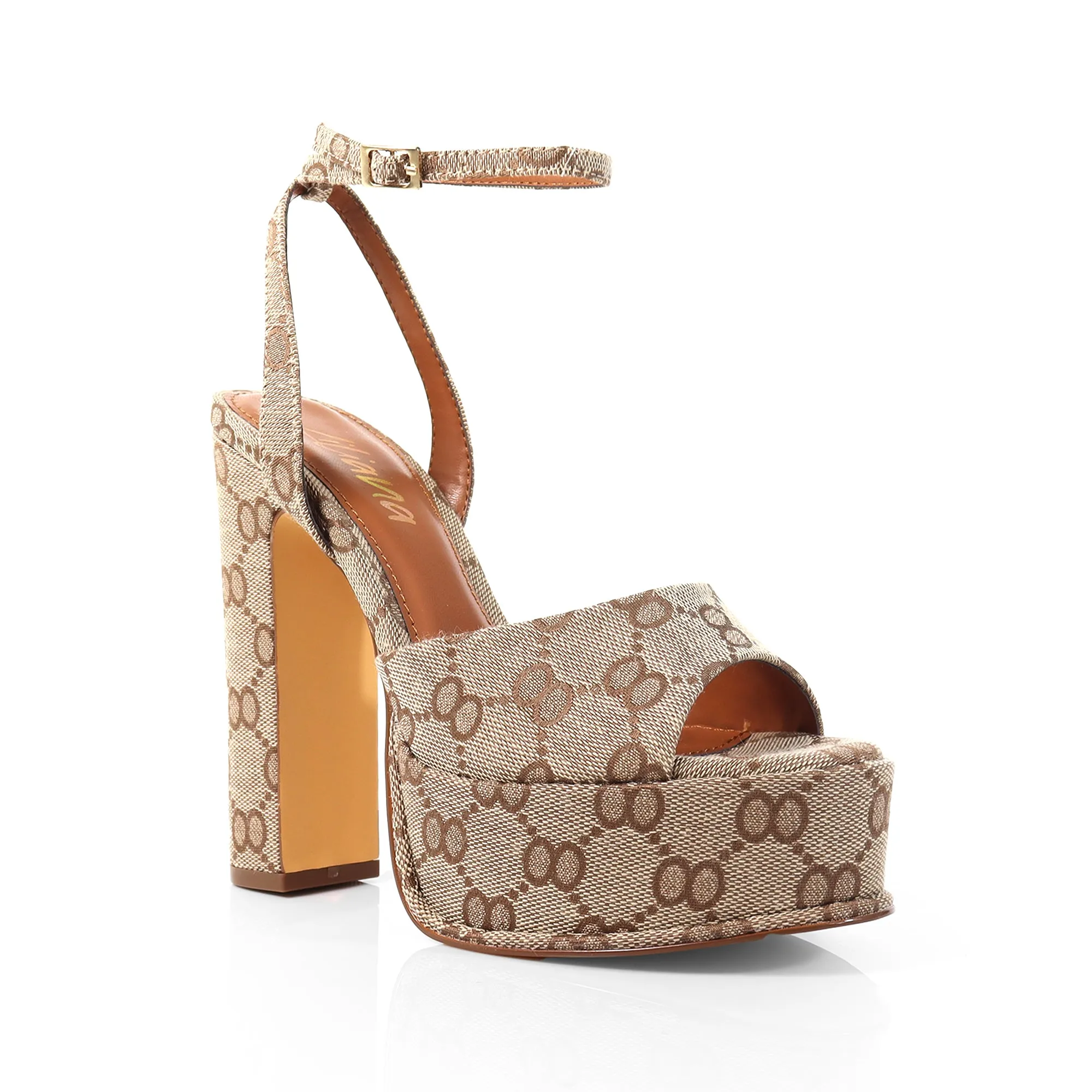 JOSY-6 Mono Taupe Print Platform Heel - Ankle Strap with Adjustable Buckle