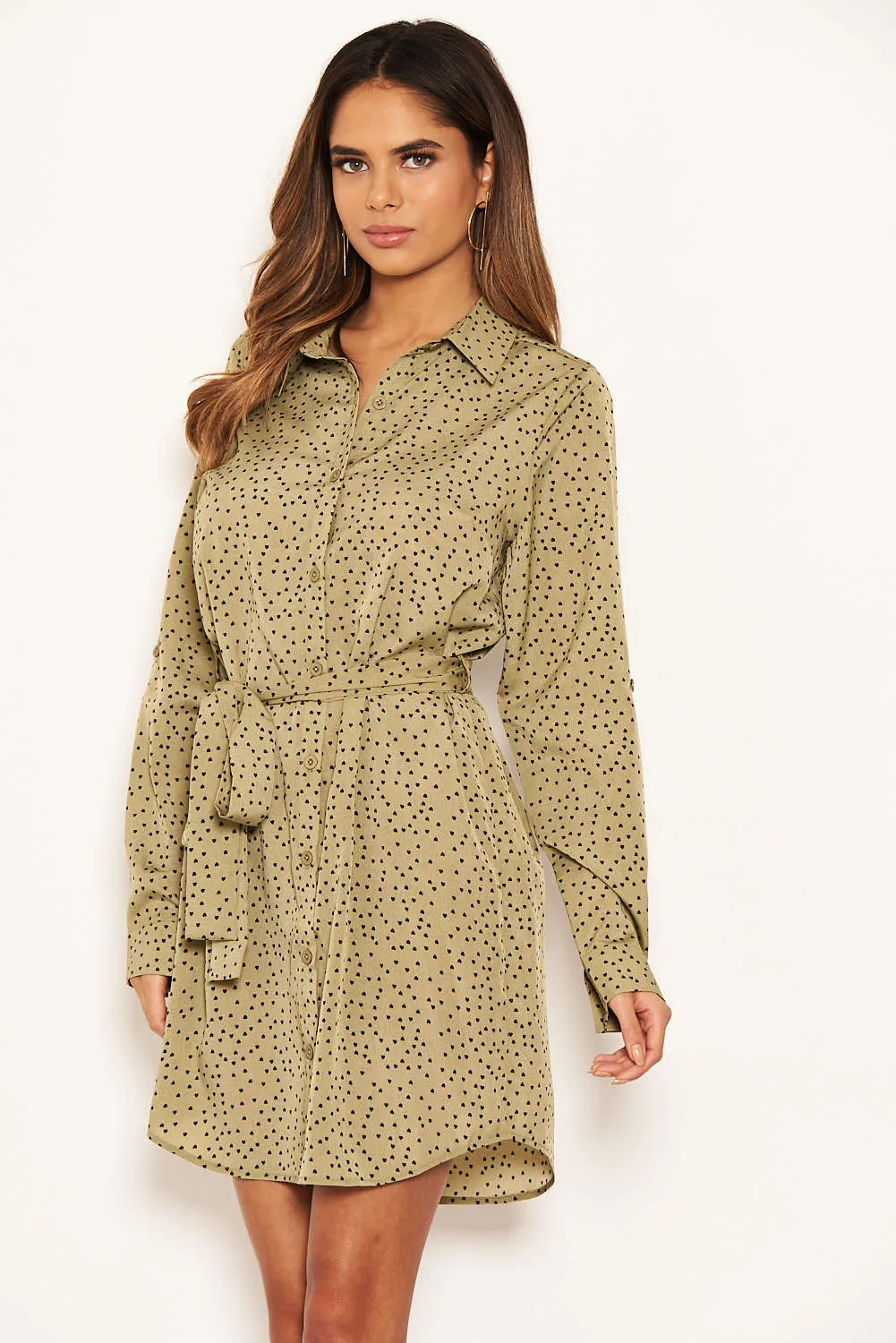 Khaki Love Heart Spotty Shirt Dress