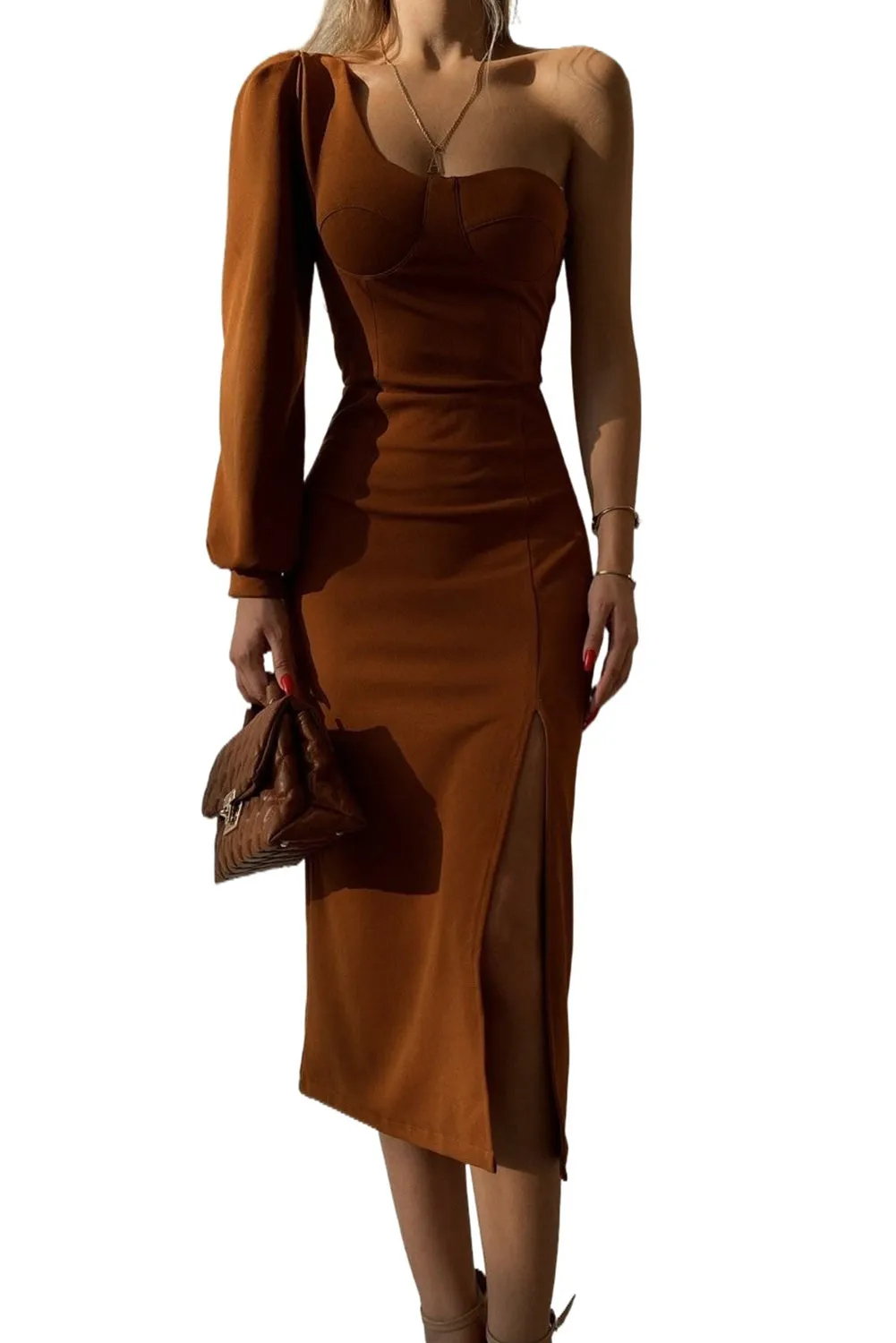 Khaki One Shoulder Puff Sleeve Split Midi Dress