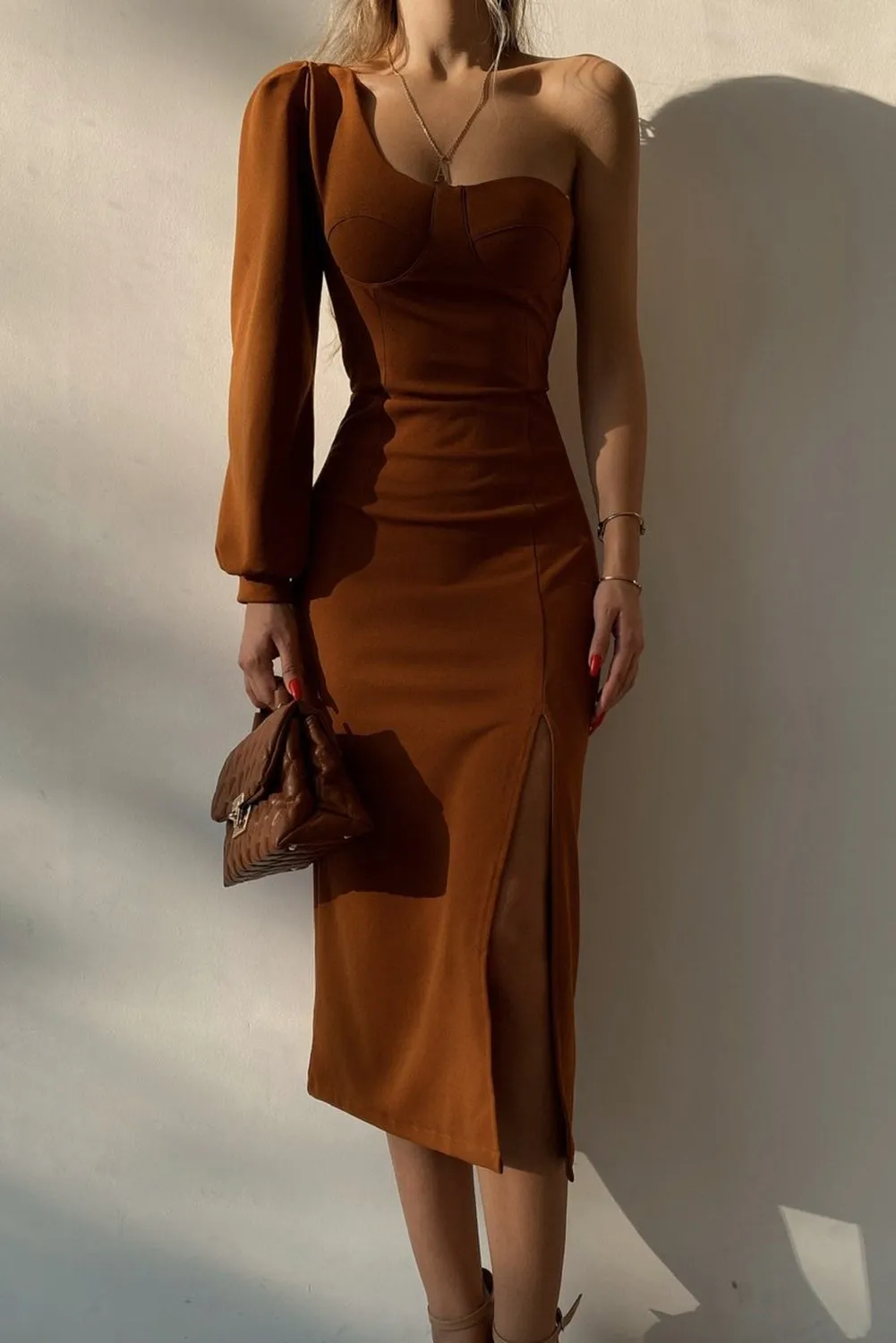 Khaki One Shoulder Puff Sleeve Split Midi Dress
