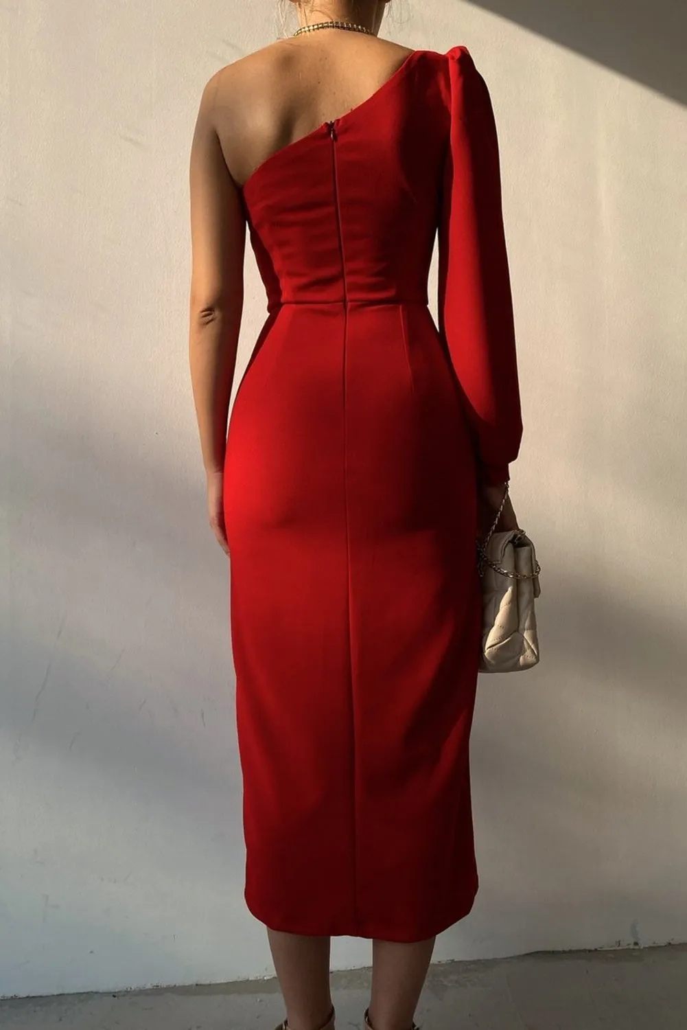 Khaki One Shoulder Puff Sleeve Split Midi Dress