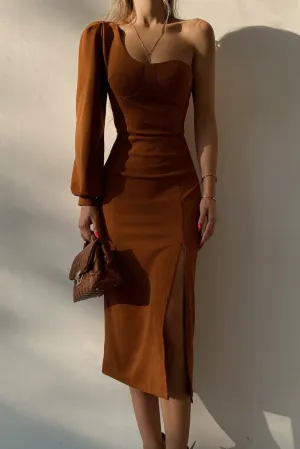 Khaki One Shoulder Puff Sleeve Split Midi Dress