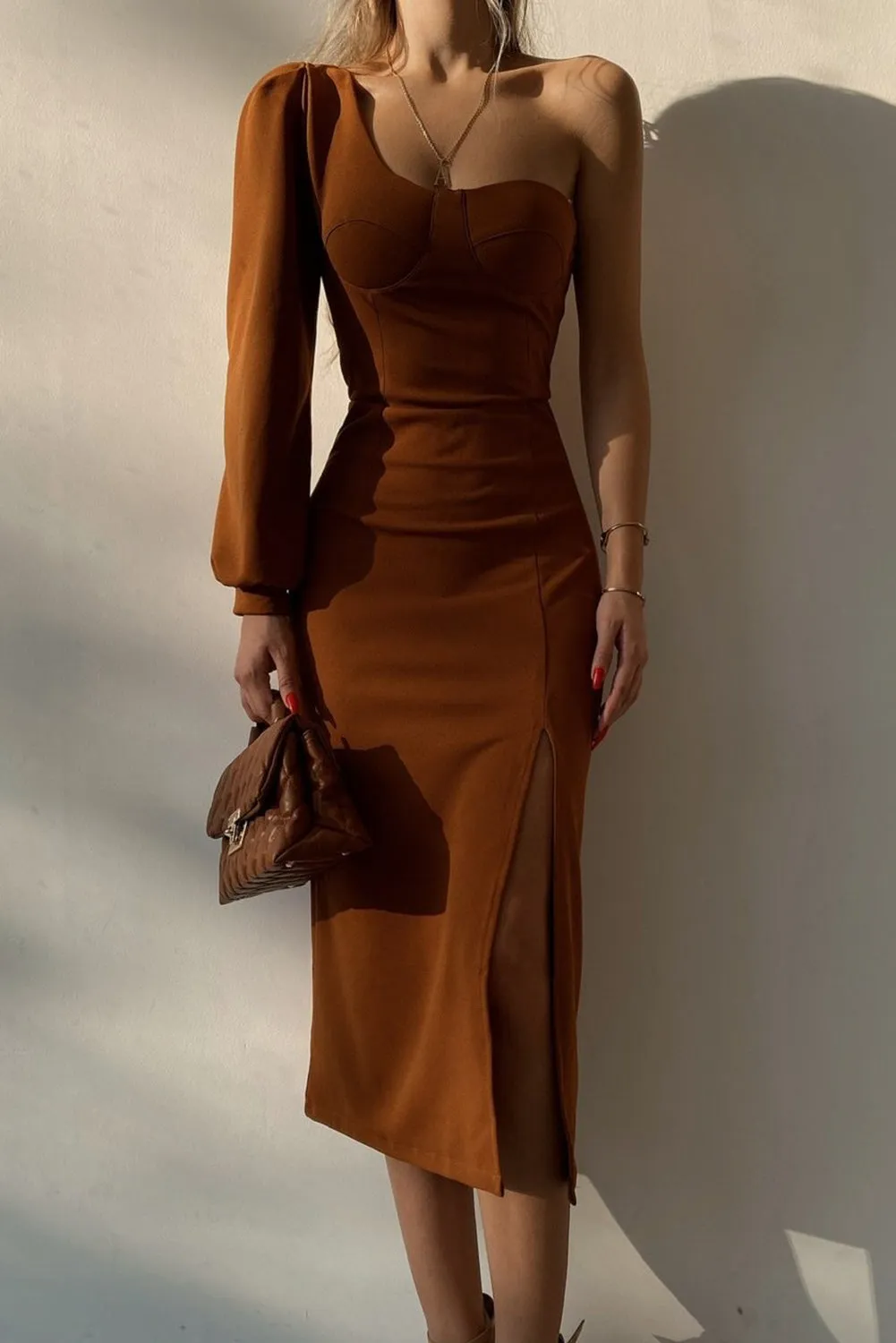 Khaki One Shoulder Puff Sleeve Split Midi Dress