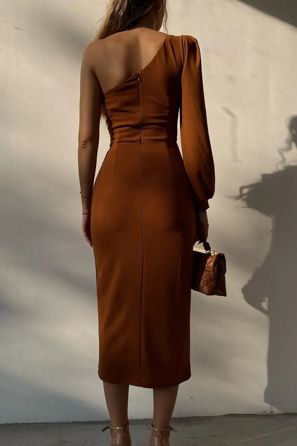 Khaki One Shoulder Puff Sleeve Split Midi Dress