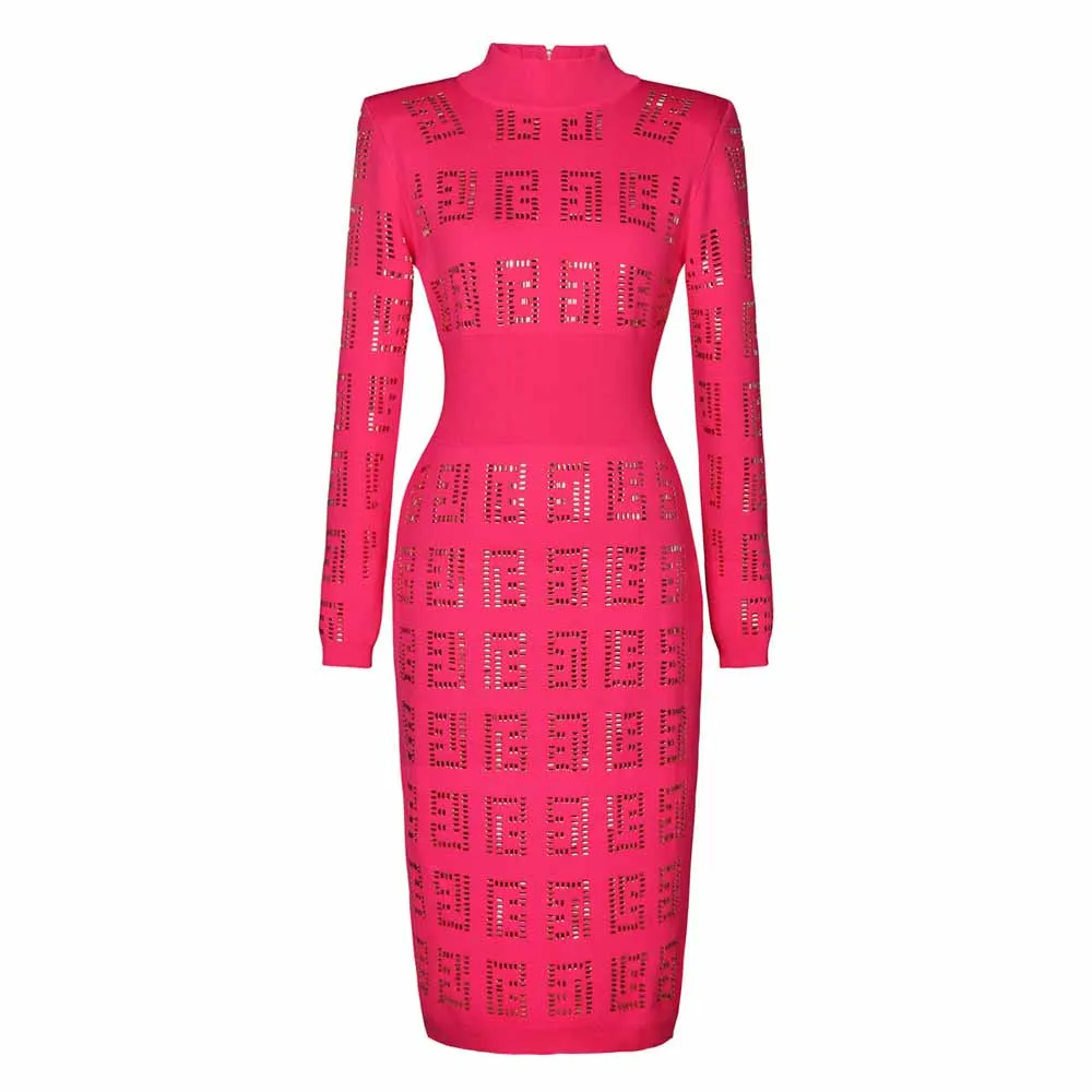 Knitted Round-Neck Dress Rhinestone Slim Fit Midi Dresses