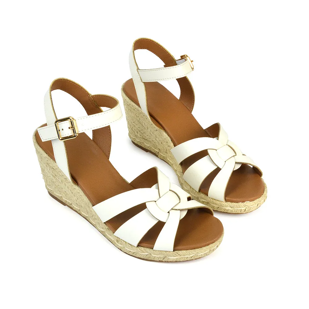 Kylie Wedge Heel Ankle Strap Espadrille Sandals in White