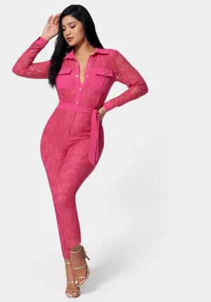 Lace Combo Belted Jumpsuit