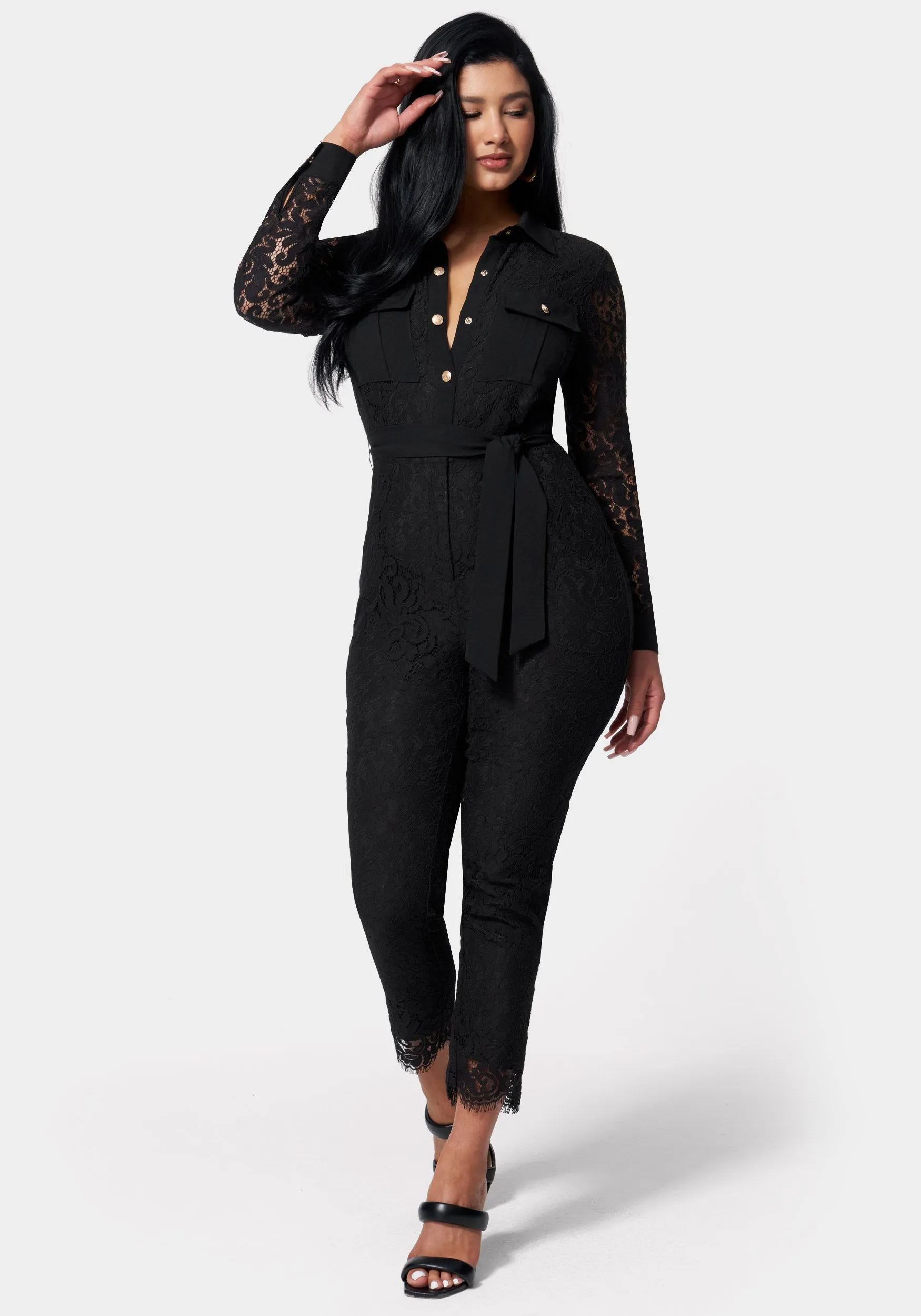 Lace Combo Belted Jumpsuit