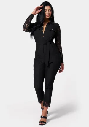Lace Combo Belted Jumpsuit