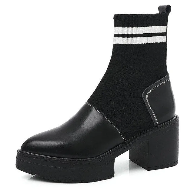 Ladies Cow Leather Knitting Thick Heels Stretch Ankle Boots