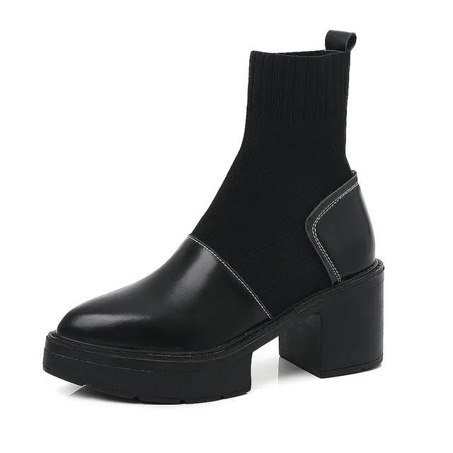 Ladies Cow Leather Knitting Thick Heels Stretch Ankle Boots