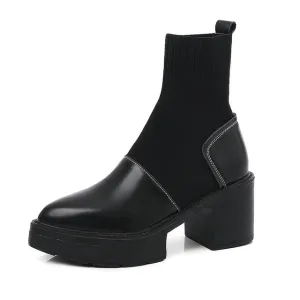 Ladies Cow Leather Knitting Thick Heels Stretch Ankle Boots