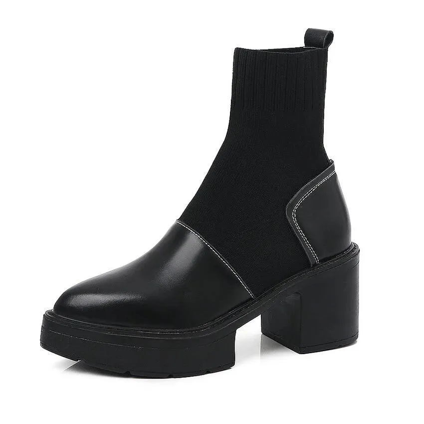 Ladies Cow Leather Knitting Thick Heels Stretch Ankle Boots