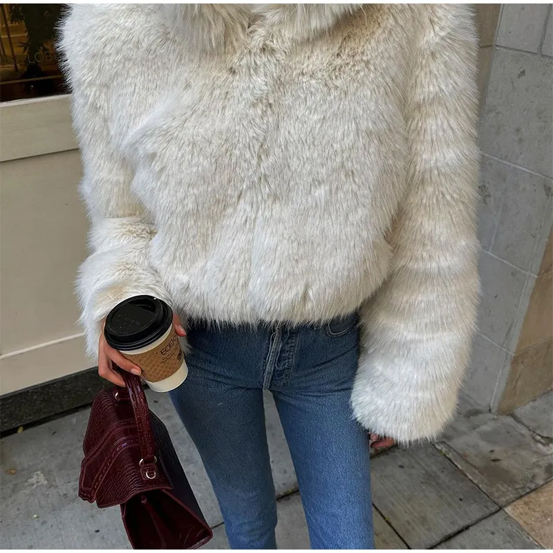 Ladies Off-White Cropped Faux Fur Bomber Jacket