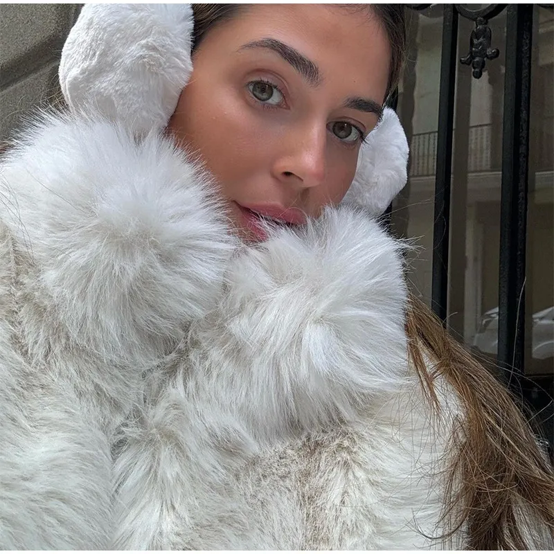 Ladies Off-White Cropped Faux Fur Bomber Jacket
