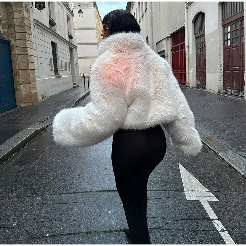 Ladies Off-White Cropped Faux Fur Bomber Jacket