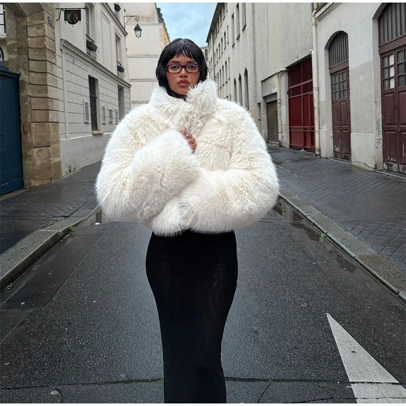 Ladies Off-White Cropped Faux Fur Bomber Jacket