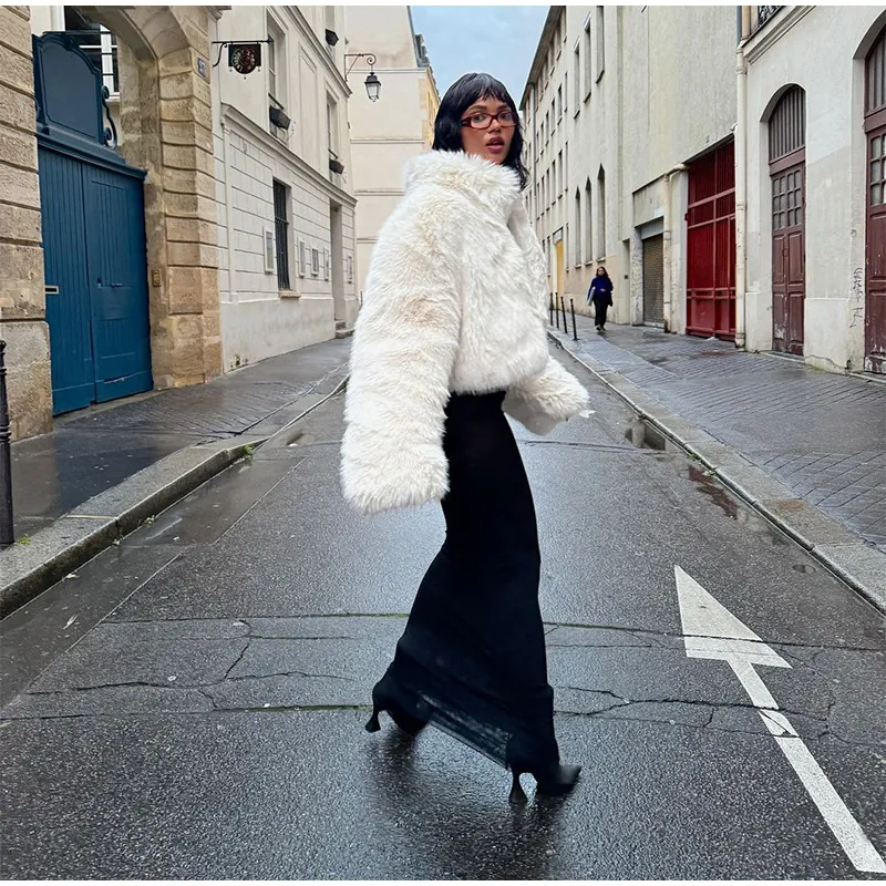 Ladies Off-White Cropped Faux Fur Bomber Jacket