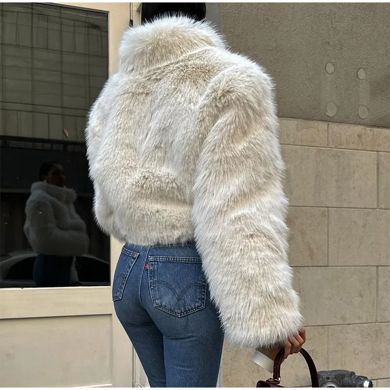 Ladies Off-White Cropped Faux Fur Bomber Jacket