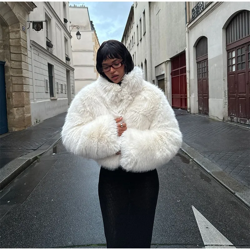 Ladies Off-White Cropped Faux Fur Bomber Jacket