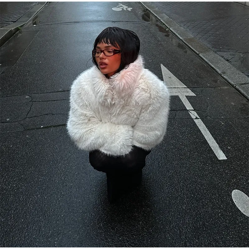 Ladies Off-White Cropped Faux Fur Bomber Jacket