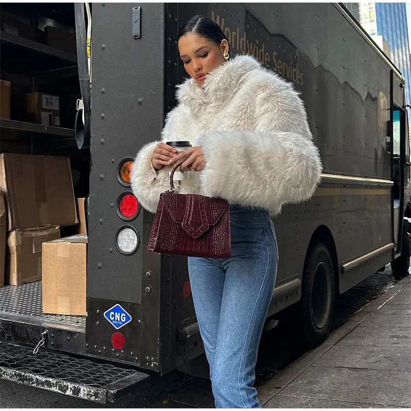 Ladies Off-White Cropped Faux Fur Bomber Jacket
