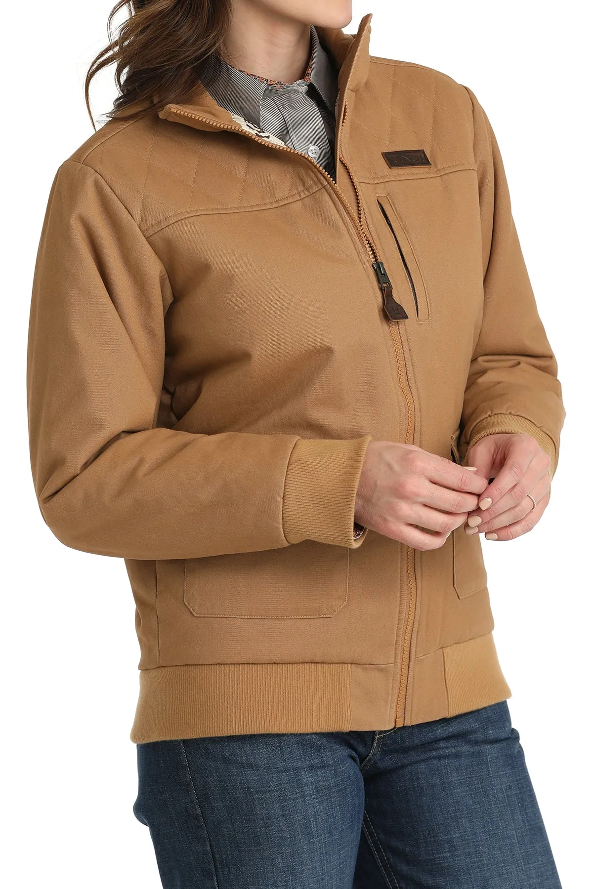 LADIES TAN CANVAS BOMBER JACKET