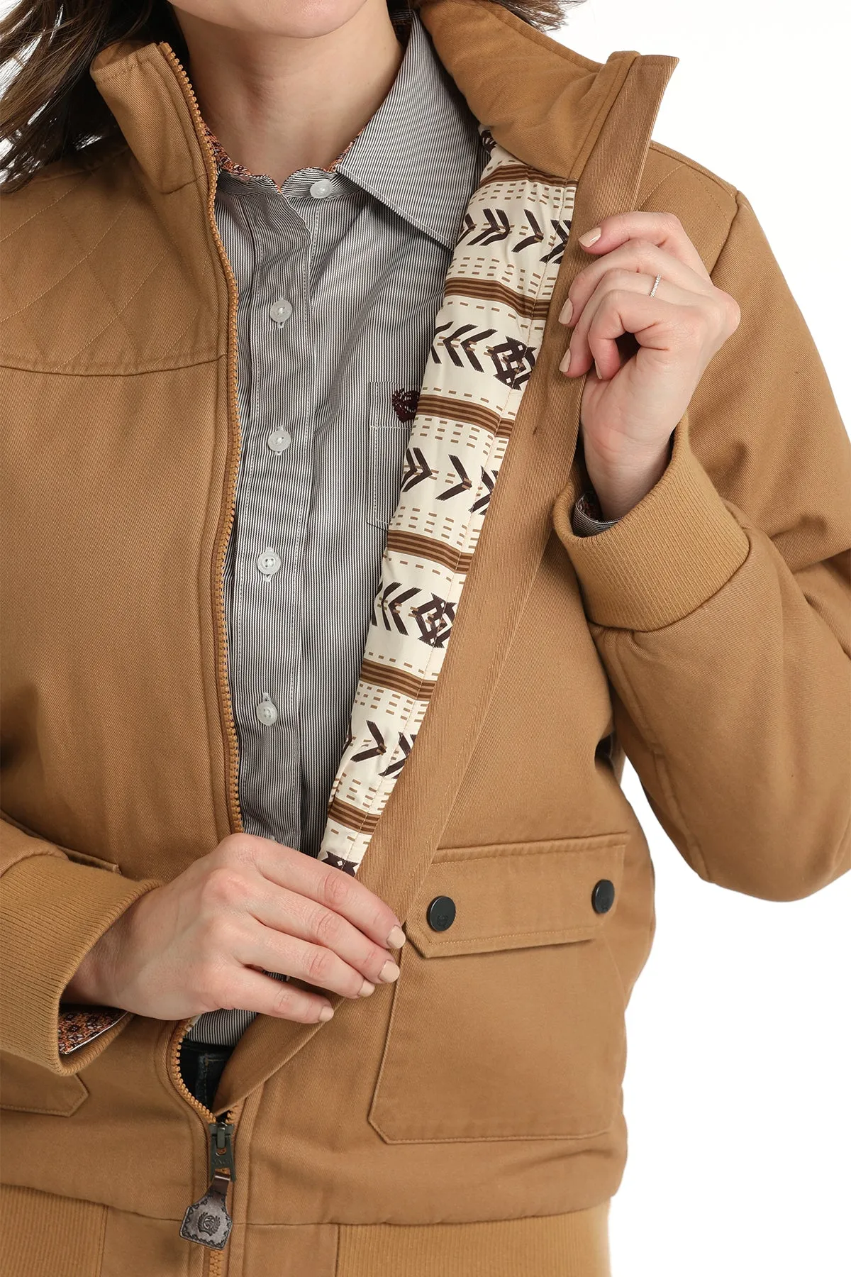 LADIES TAN CANVAS BOMBER JACKET
