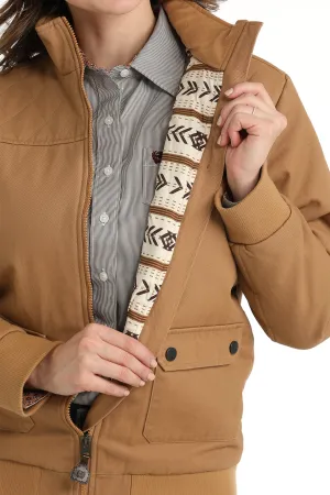 LADIES TAN CANVAS BOMBER JACKET