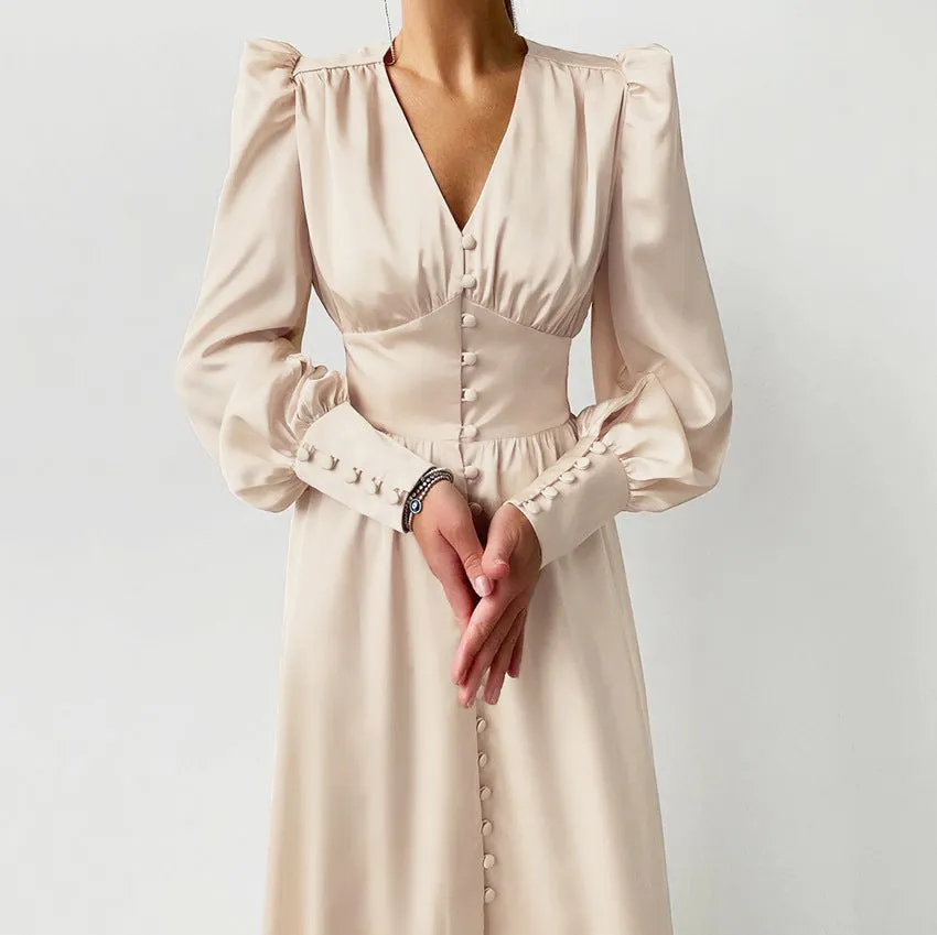 Lantern Bubble Sleeve Satin Midi Dresses