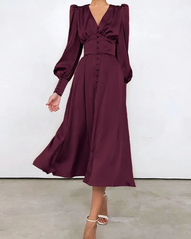 Lantern Bubble Sleeve Satin Midi Dresses