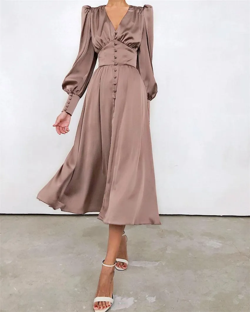 Lantern Bubble Sleeve Satin Midi Dresses