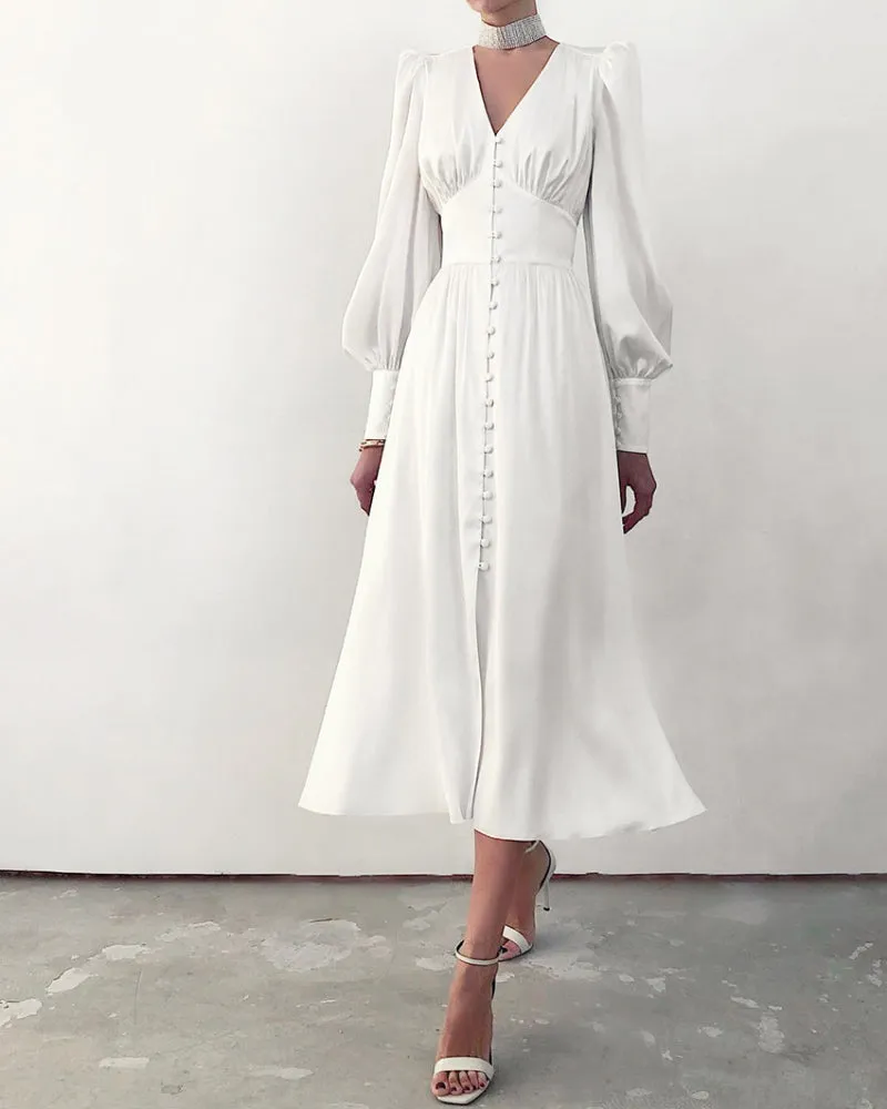 Lantern Bubble Sleeve Satin Midi Dresses