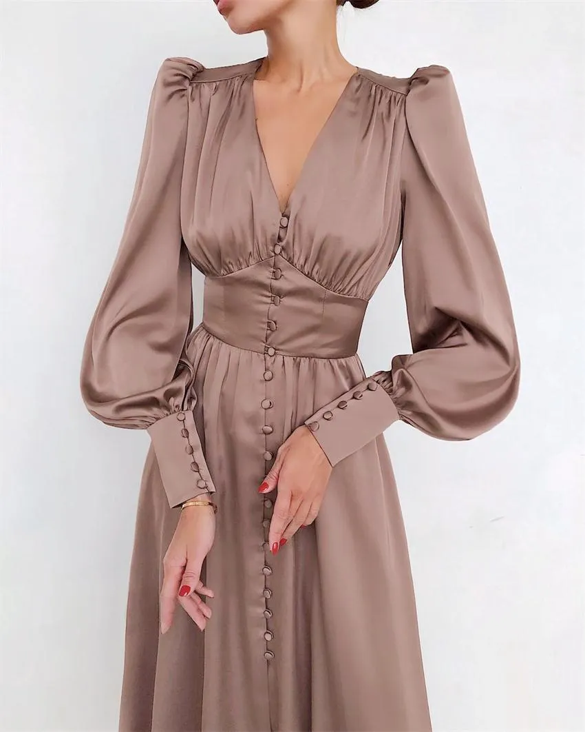Lantern Bubble Sleeve Satin Midi Dresses