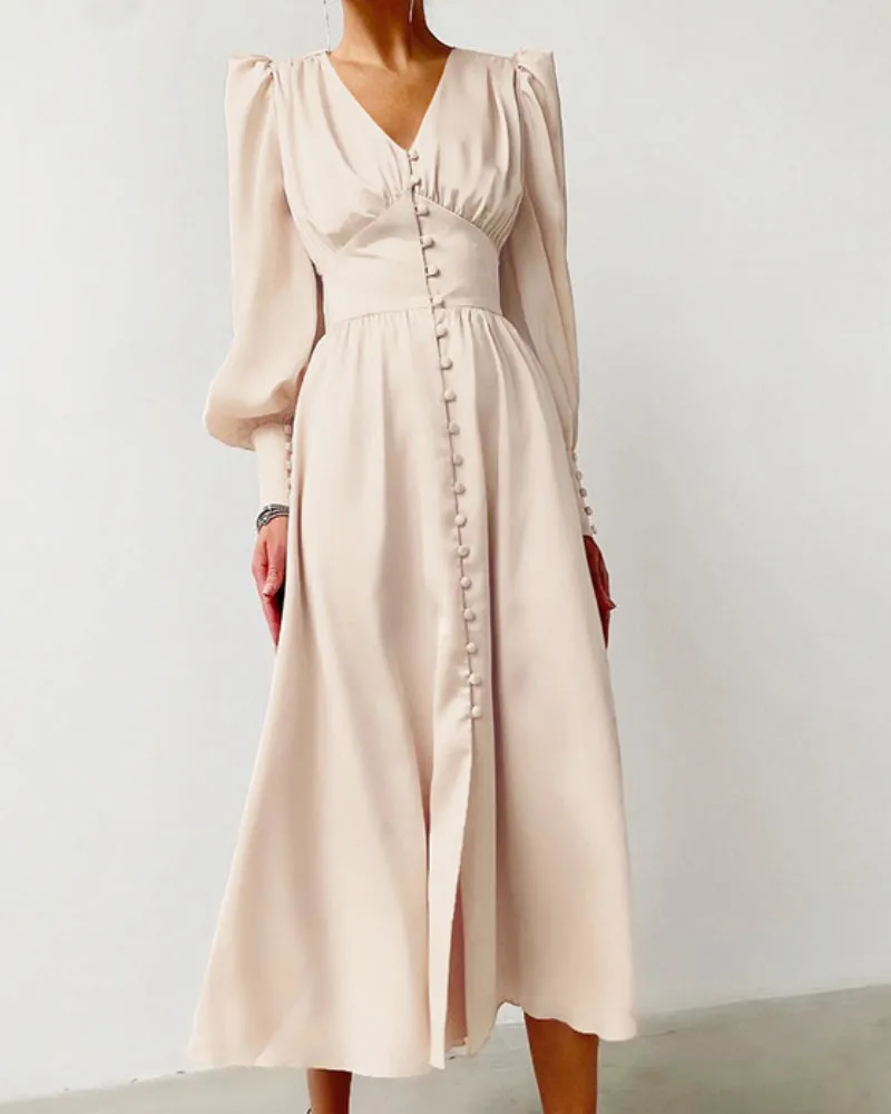 Lantern Bubble Sleeve Satin Midi Dresses