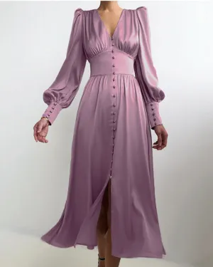 Lantern Bubble Sleeve Satin Midi Dresses