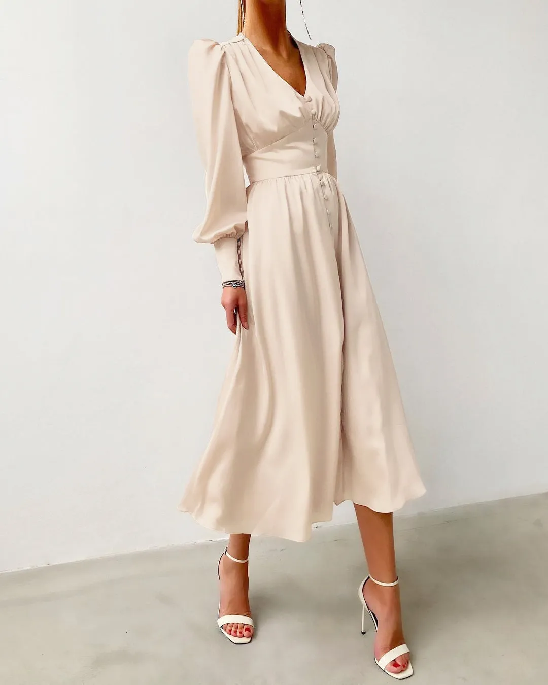 Lantern Bubble Sleeve Satin Midi Dresses