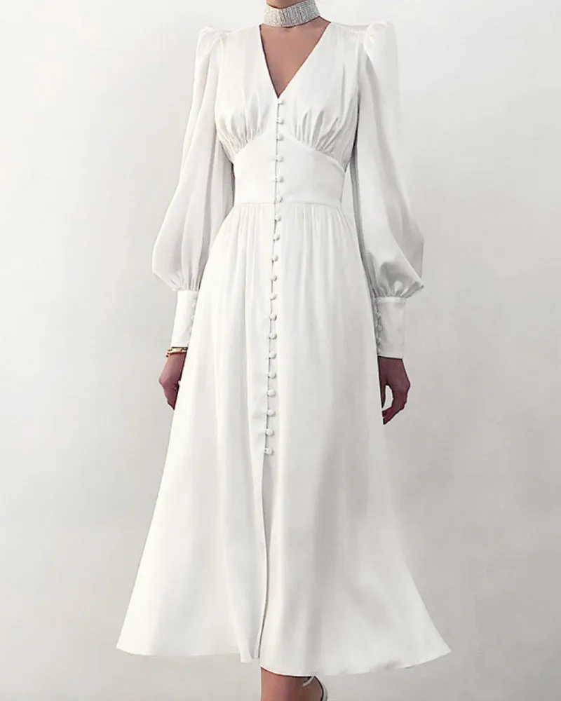Lantern Bubble Sleeve Satin Midi Dresses