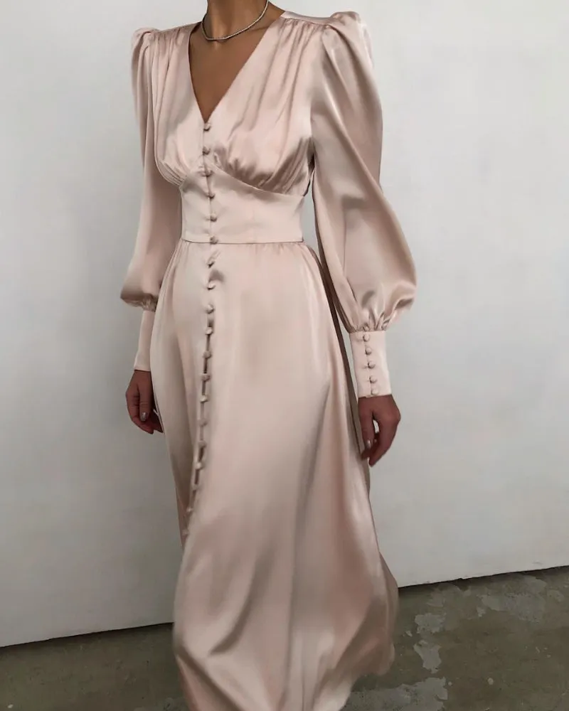 Lantern Bubble Sleeve Satin Midi Dresses