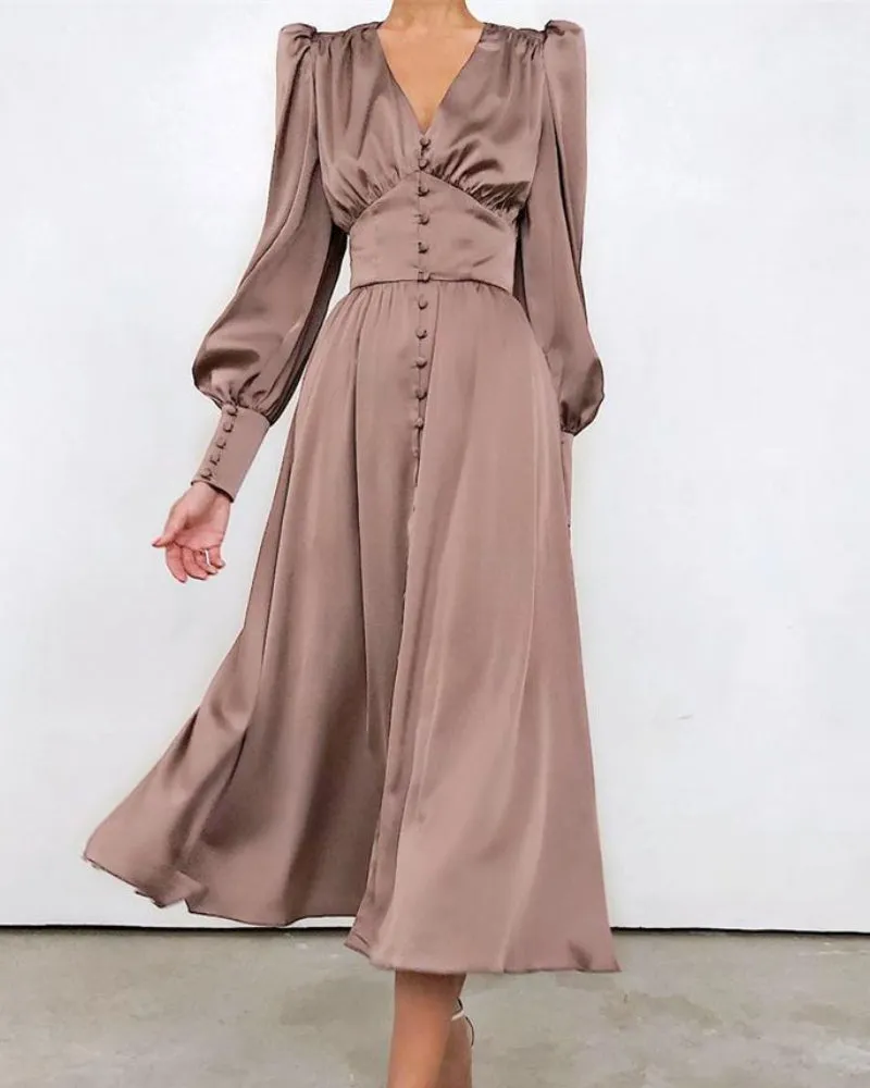 Lantern Bubble Sleeve Satin Midi Dresses