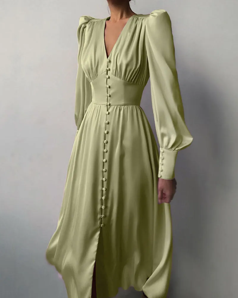 Lantern Bubble Sleeve Satin Midi Dresses