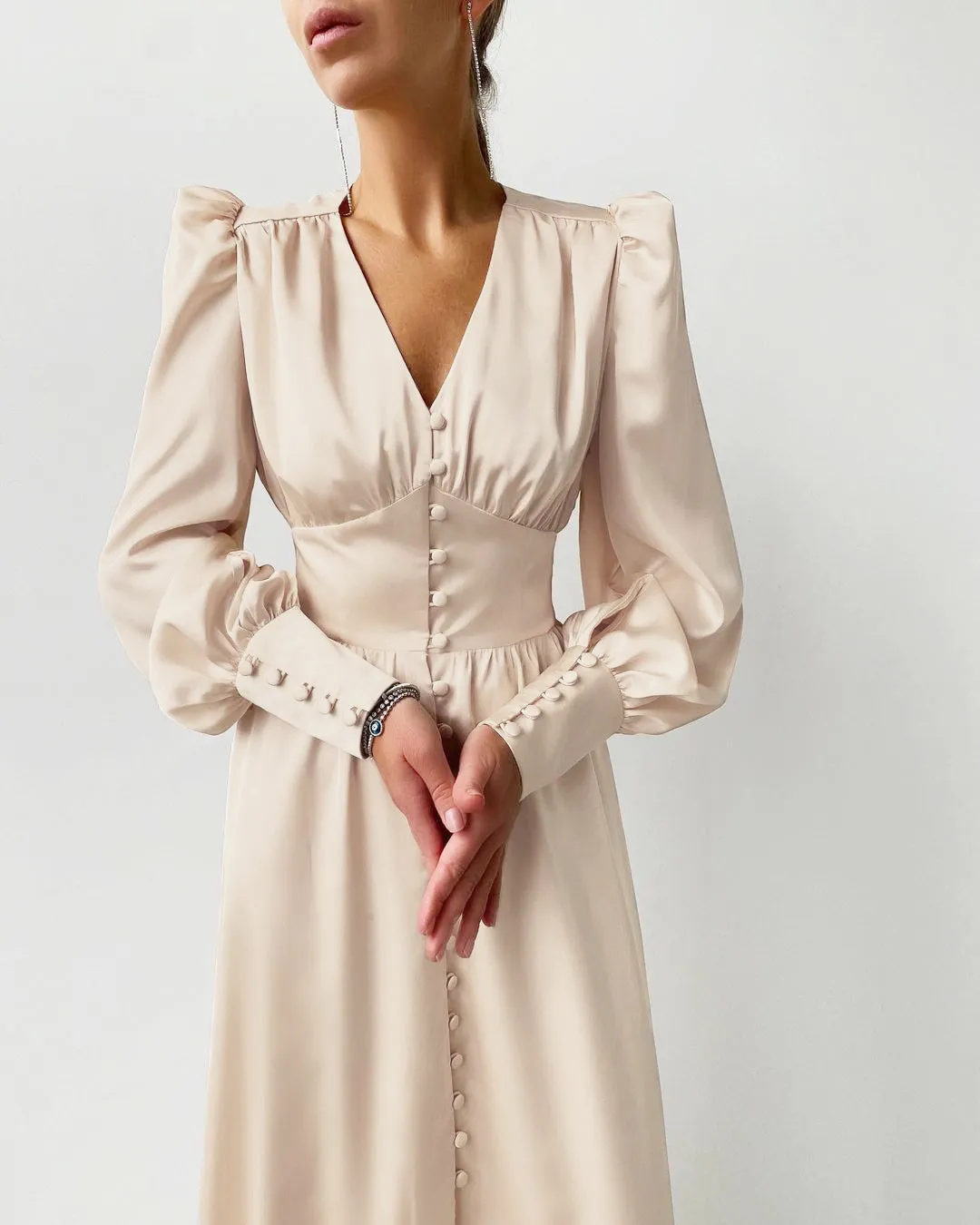 Lantern Bubble Sleeve Satin Midi Dresses