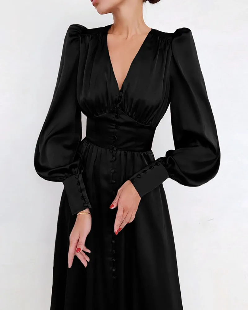 Lantern Bubble Sleeve Satin Midi Dresses