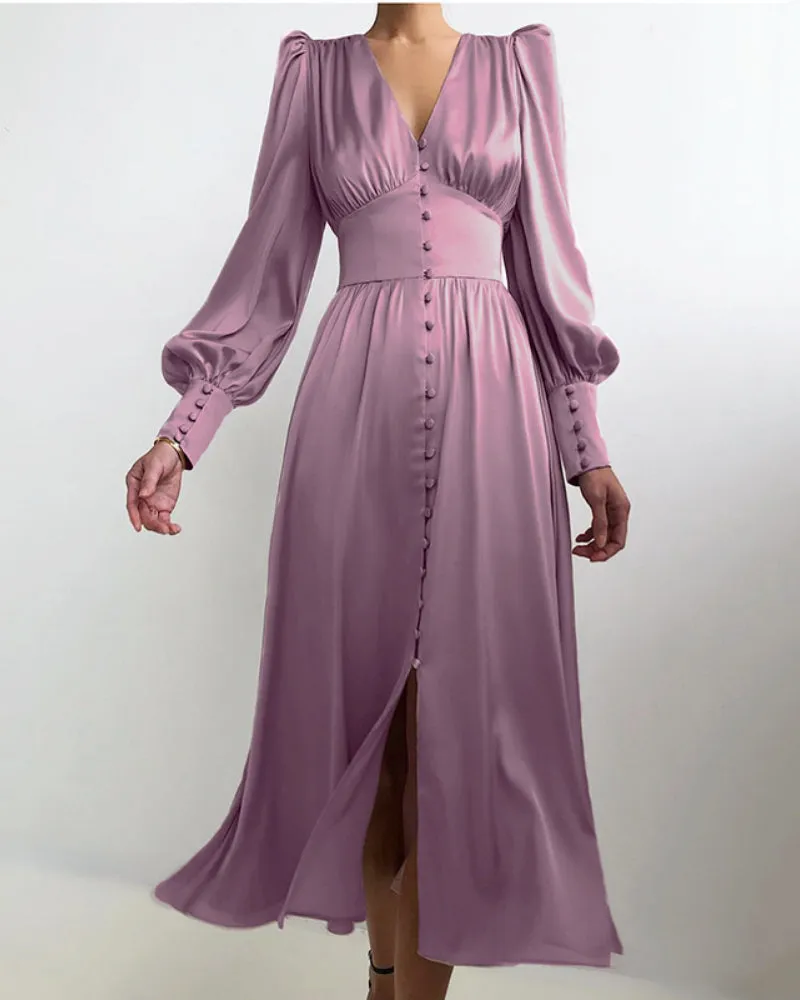 Lantern Bubble Sleeve Satin Midi Dresses