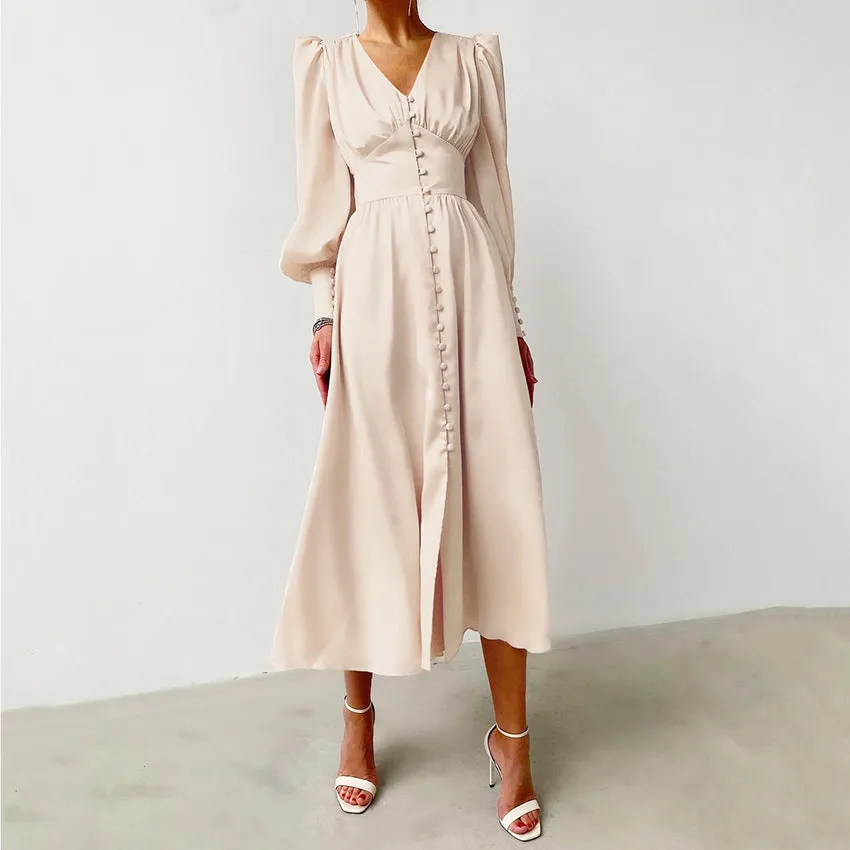 Lantern Bubble Sleeve Satin Midi Dresses