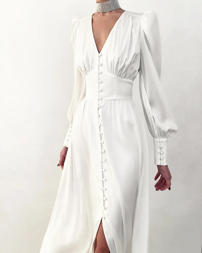 Lantern Bubble Sleeve Satin Midi Dresses